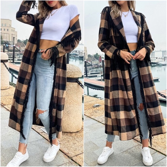 Cozy Brown Tan Plaid Tassel Open Front Long Jacket Shacket - Picture 4 of 4